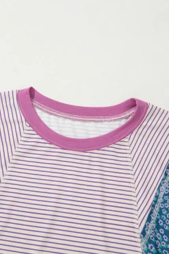 Discount Dear-Lover Floral Color Block Raw Edge Patchwork Bracelet Sleeve Blouse Purple Stripe