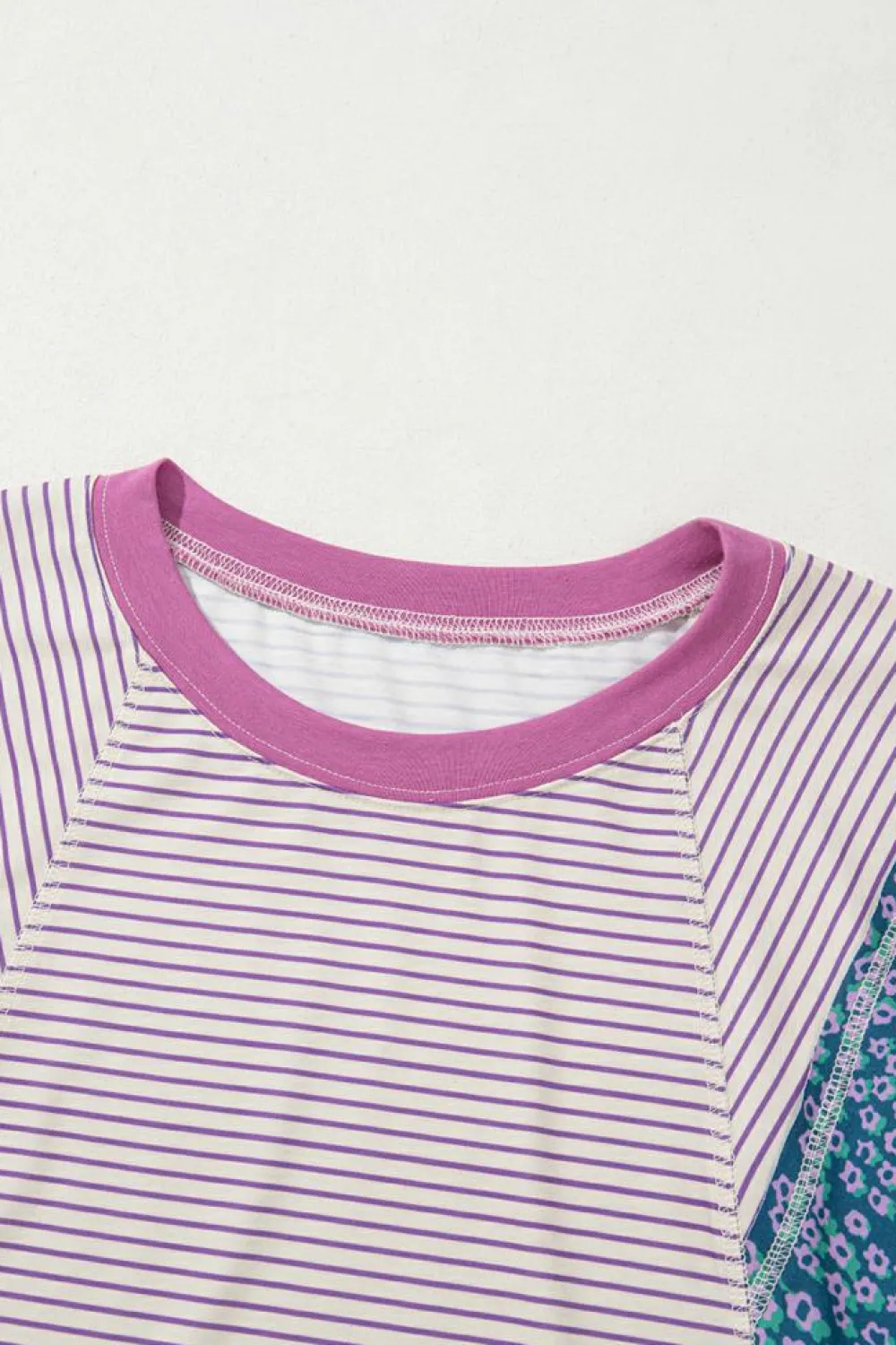 Discount Dear-Lover Floral Color Block Raw Edge Patchwork Bracelet Sleeve Blouse Purple Stripe