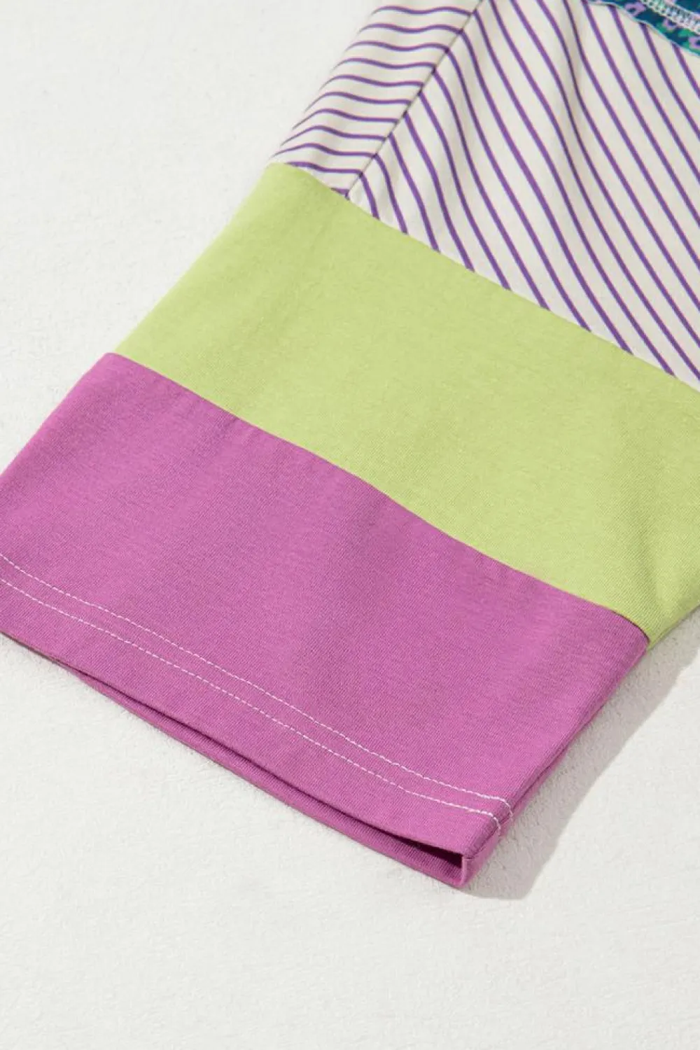 Discount Dear-Lover Floral Color Block Raw Edge Patchwork Bracelet Sleeve Blouse Purple Stripe