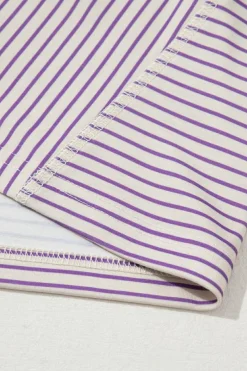Discount Dear-Lover Floral Color Block Raw Edge Patchwork Bracelet Sleeve Blouse Purple Stripe