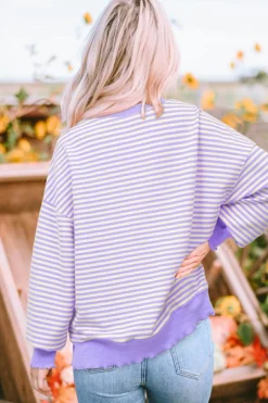 Online Dear-Lover Loose Drop Shoulder Long Sleeve Top Purple Stripe