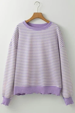 Online Dear-Lover Loose Drop Shoulder Long Sleeve Top Purple Stripe