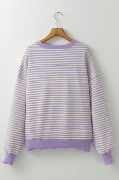Online Dear-Lover Loose Drop Shoulder Long Sleeve Top Purple Stripe