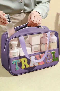 Best Dear-Lover Purple TRAVEL Chenille Letter Clear PVC Makeup Bag Phalaenopsis