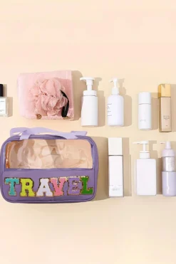 Best Dear-Lover Purple TRAVEL Chenille Letter Clear PVC Makeup Bag Phalaenopsis