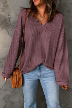 Outlet Dear-Lover Waffle Knit Loose Long Sleeve Top purple