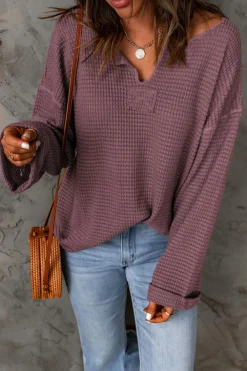 Outlet Dear-Lover Waffle Knit Loose Long Sleeve Top purple