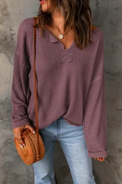 Outlet Dear-Lover Waffle Knit Loose Long Sleeve Top purple