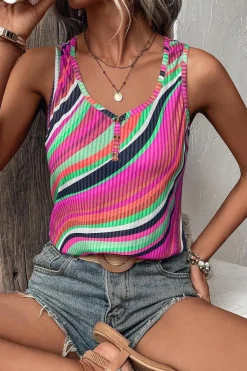 Fashion Dear-Lover Wavy Striped Buttoned V Neck Tank Top Purple