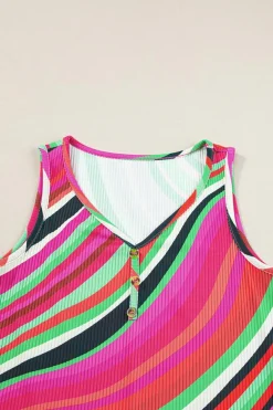 Fashion Dear-Lover Wavy Striped Buttoned V Neck Tank Top Purple