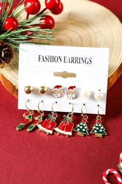 Best Dear-Lover 6 Pairs/Set Cartoon Christmas Theme Alloy Earring Set Racing Red