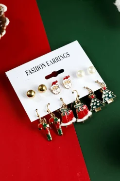 Best Dear-Lover 6 Pairs/Set Cartoon Christmas Theme Alloy Earring Set Racing Red