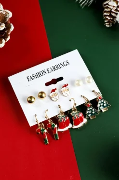 Best Dear-Lover 6 Pairs/Set Cartoon Christmas Theme Alloy Earring Set Racing Red