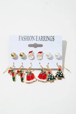 Best Dear-Lover 6 Pairs/Set Cartoon Christmas Theme Alloy Earring Set Racing Red