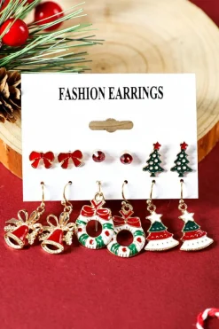 Outlet Dear-Lover 6 Pairs/Set Christmas Tree Wreath Bell Bow Knot Earring Set Racing Red
