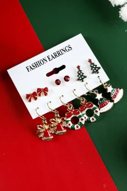 Outlet Dear-Lover 6 Pairs/Set Christmas Tree Wreath Bell Bow Knot Earring Set Racing Red