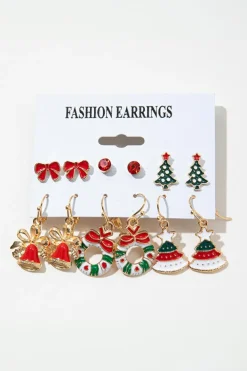 Outlet Dear-Lover 6 Pairs/Set Christmas Tree Wreath Bell Bow Knot Earring Set Racing Red