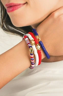 Best Dear-Lover American Flag Theme Star Beaded Layered Bracelet Racing Red