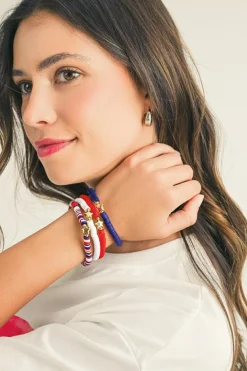 Best Dear-Lover American Flag Theme Star Beaded Layered Bracelet Racing Red