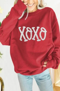 Best Dear-Lover Aphabet Chenille Embroidered Pullover Sweatshirt Racing Red