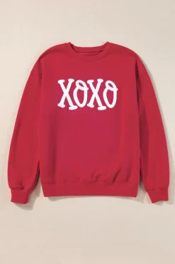 Best Dear-Lover Aphabet Chenille Embroidered Pullover Sweatshirt Racing Red