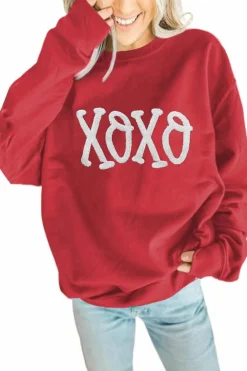 Best Dear-Lover Aphabet Chenille Embroidered Pullover Sweatshirt Racing Red