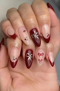 Online Dear-Lover Bow Cherry Pearled Almond Shape Nail Stickers with Jelly Glue Racing Red
