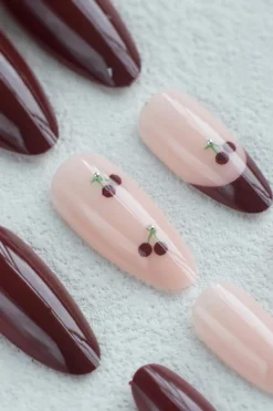 Online Dear-Lover Bow Cherry Pearled Almond Shape Nail Stickers with Jelly Glue Racing Red