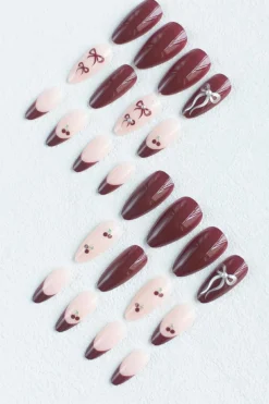 Online Dear-Lover Bow Cherry Pearled Almond Shape Nail Stickers with Jelly Glue Racing Red