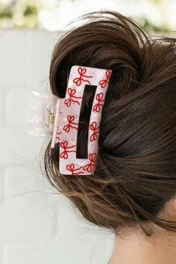 Hot Dear-Lover Bow Knot Print Cut Out Square Hair Claw Clip Racing Red