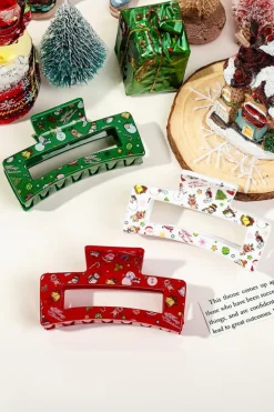 Fashion Dear-Lover Cartoon Christmas Pattern Print Hollow Out Hair Clip Racing Red