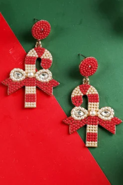 Sale Dear-Lover Christmas Candy Cane Pearl Beaded Dangle Earrings Racing Red