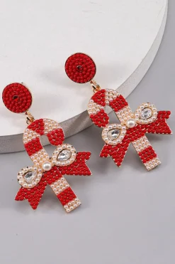 Sale Dear-Lover Christmas Candy Cane Pearl Beaded Dangle Earrings Racing Red