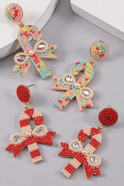 Sale Dear-Lover Christmas Candy Cane Pearl Beaded Dangle Earrings Racing Red