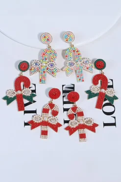 Sale Dear-Lover Christmas Candy Cane Pearl Beaded Dangle Earrings Racing Red