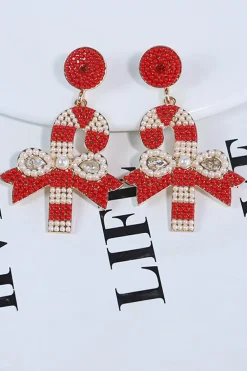 Sale Dear-Lover Christmas Candy Cane Pearl Beaded Dangle Earrings Racing Red