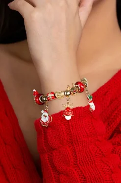 Clearance Dear-Lover Christmas Pendant Adjustable Plated Beaded Bracelet Racing Red