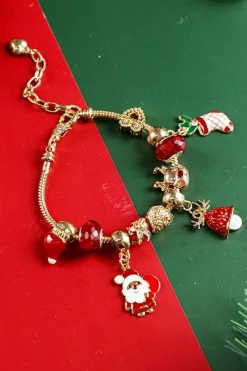 Clearance Dear-Lover Christmas Pendant Adjustable Plated Beaded Bracelet Racing Red