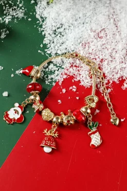 Clearance Dear-Lover Christmas Pendant Adjustable Plated Beaded Bracelet Racing Red