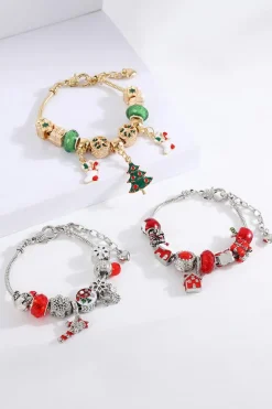 Clearance Dear-Lover Christmas Pendant Adjustable Plated Beaded Bracelet Racing Red