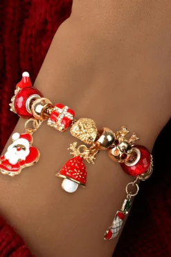 Clearance Dear-Lover Christmas Pendant Adjustable Plated Beaded Bracelet Racing Red