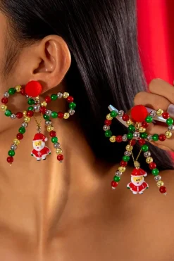 Online Dear-Lover Christmas Santa Pendant Beaded Bow Knot Stud Earrings Racing Red