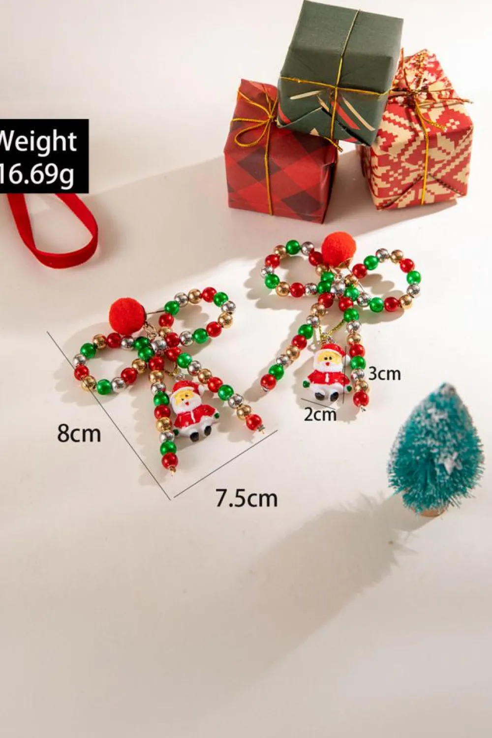 Online Dear-Lover Christmas Santa Pendant Beaded Bow Knot Stud Earrings Racing Red