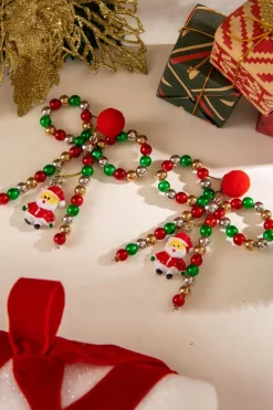 Online Dear-Lover Christmas Santa Pendant Beaded Bow Knot Stud Earrings Racing Red