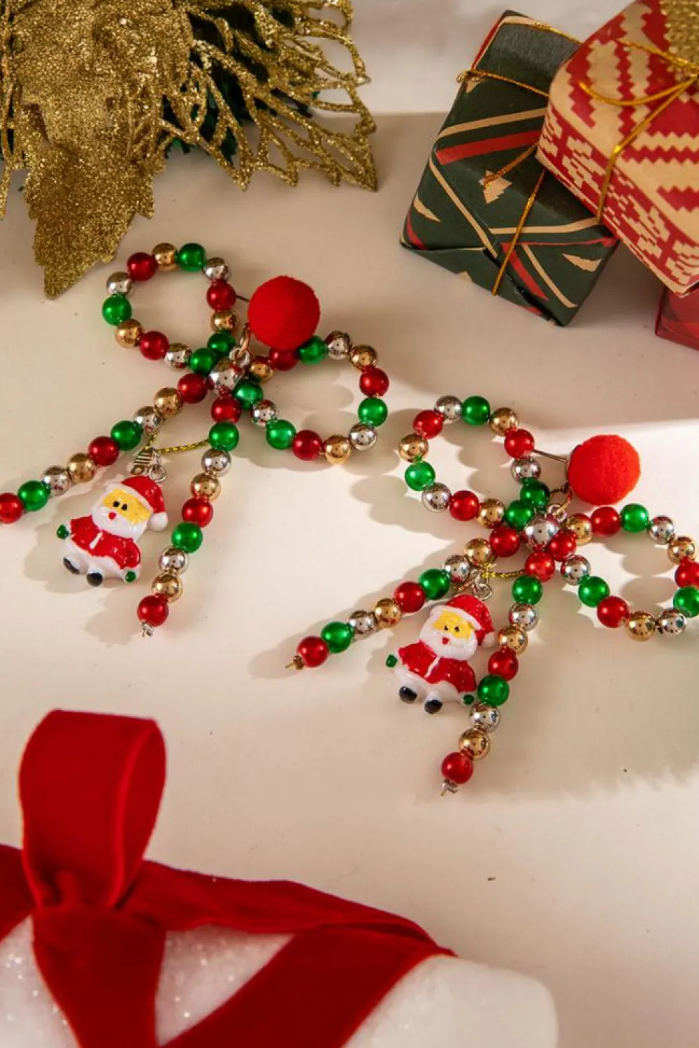 Online Dear-Lover Christmas Santa Pendant Beaded Bow Knot Stud Earrings Racing Red