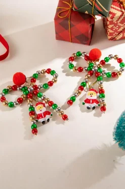 Online Dear-Lover Christmas Santa Pendant Beaded Bow Knot Stud Earrings Racing Red