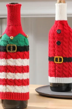 Hot Dear-Lover Christmas Stripes Knitted Jingle Bell Wine Bottle Sleeve Racing Red