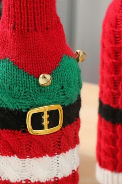 Hot Dear-Lover Christmas Stripes Knitted Jingle Bell Wine Bottle Sleeve Racing Red