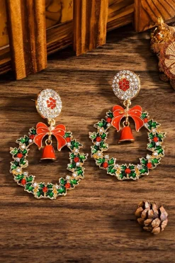 Sale Dear-Lover Christmas Wreath Bell Rhinestone Stud Dangle Earrings Racing Red