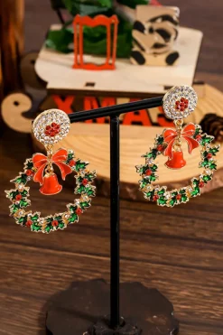 Sale Dear-Lover Christmas Wreath Bell Rhinestone Stud Dangle Earrings Racing Red